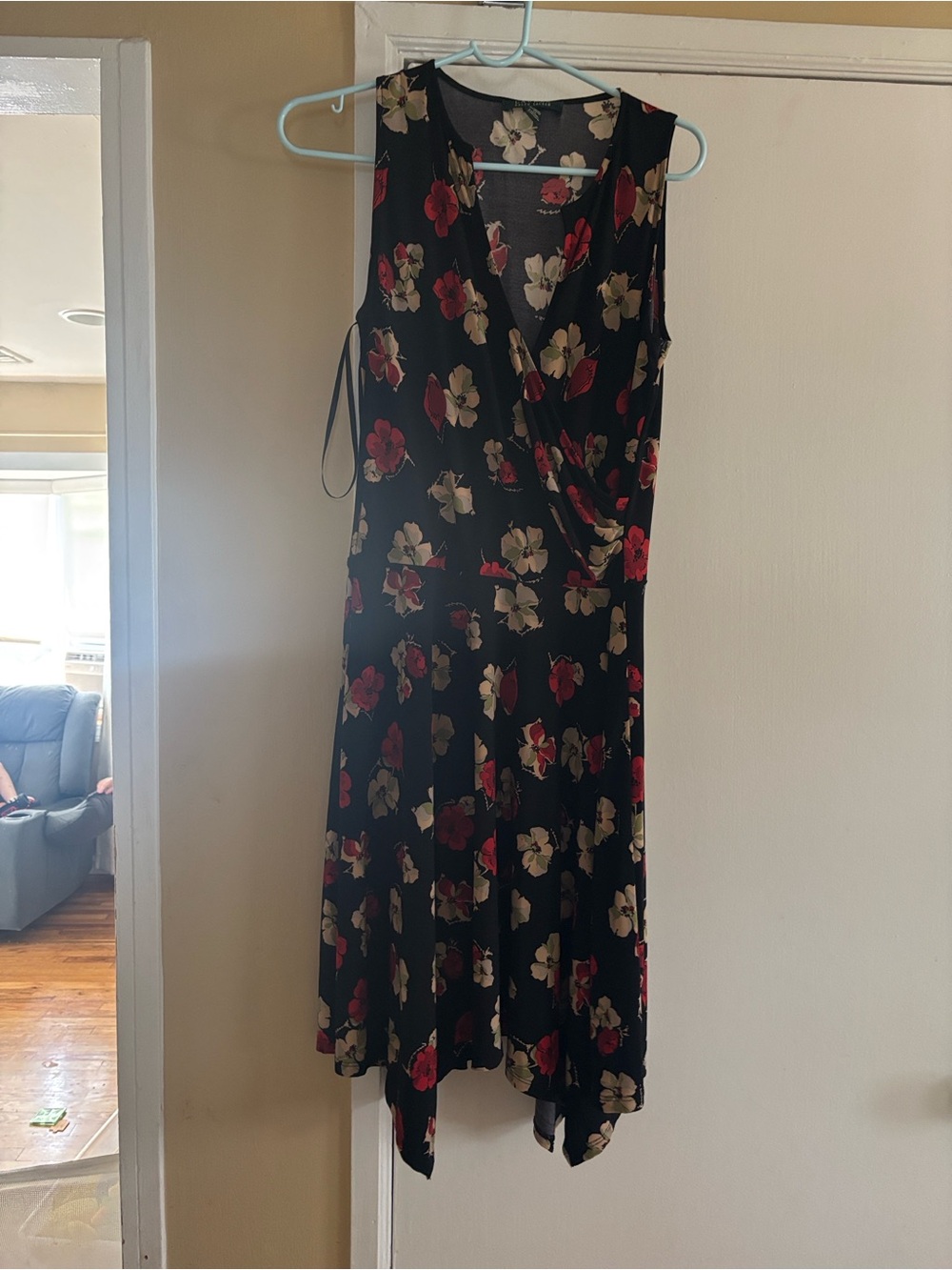 Lauren Ralph Lauren Black Floral Wrap Dress with Red and Cream Blooms
